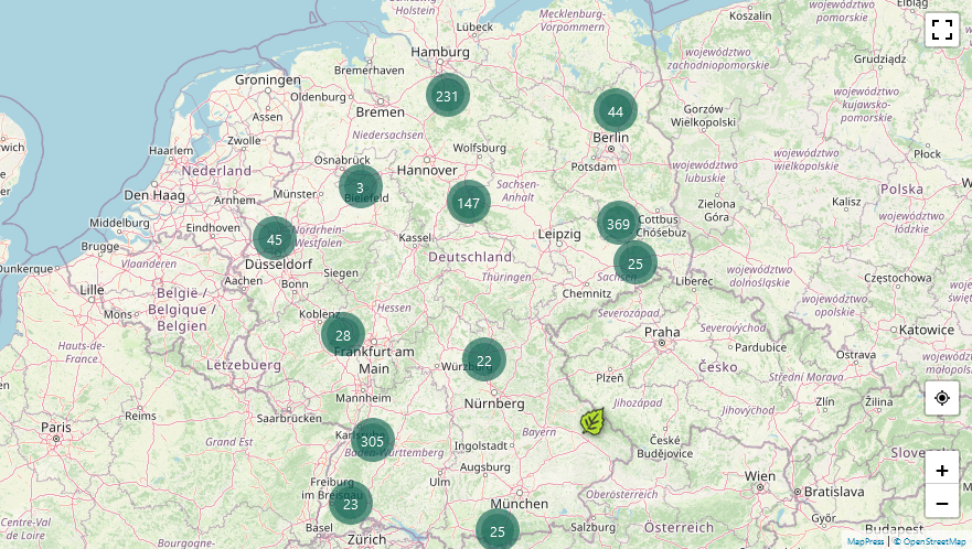 Deutschlandkarte mit kartierten Baumpilzen